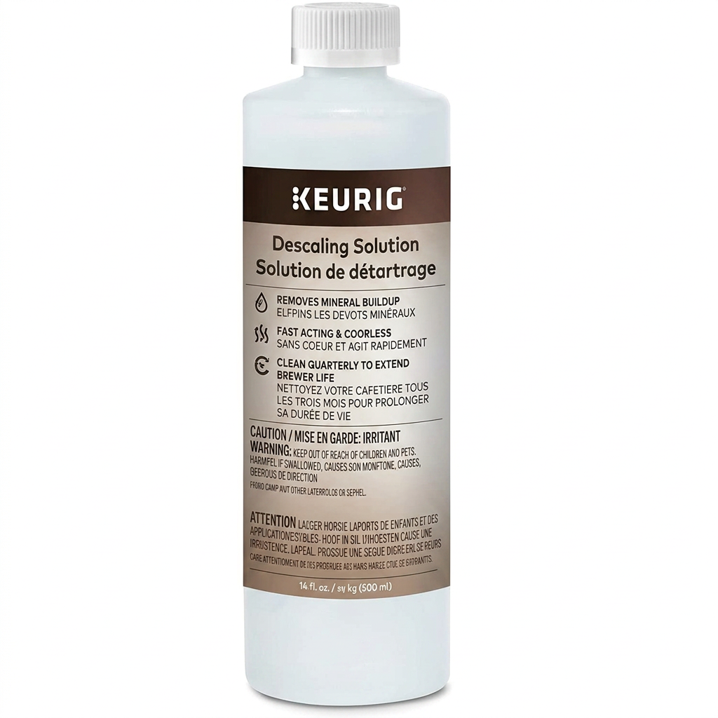 A photorealistic studio product image of the Keurig Descaling Solution bottle, angled slightly to the left, centered on a pure white background with a soft natural shadow.