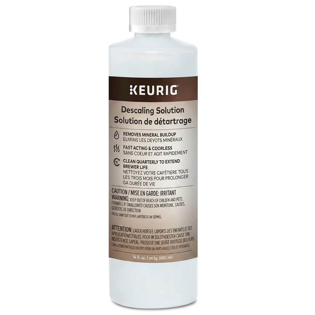 A photorealistic studio product photograph of the Keurig Descaling Solution bottle on a pure white background. The bottle is angled to the right and has a soft natural shadow.
