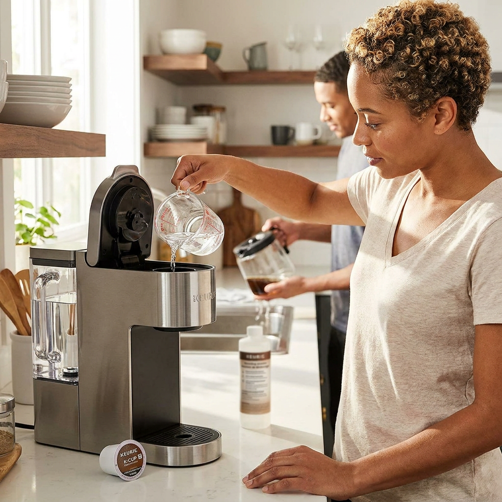 A person in a bright kitchen pours liquid from a measuring cup into a stainless steel Keurig coffee machine, with a bottle of Keurig Descaling Solution on the counter.